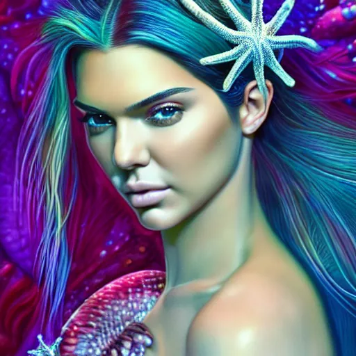 Image similar to kendall jenner portrait, fantasy, mermaid, hyperrealistic, game character, underwater, highly detailed, sharp focus, cinematic lighting, pearls, glowing hair, shells, gills, crown, water, highlights, starfish, jewelry, realistic, digital art, pastel, magic, fiction, ocean, king, colorful hair, sparkly eyes, fish, heroic, goddess, waves, bubbles, queen