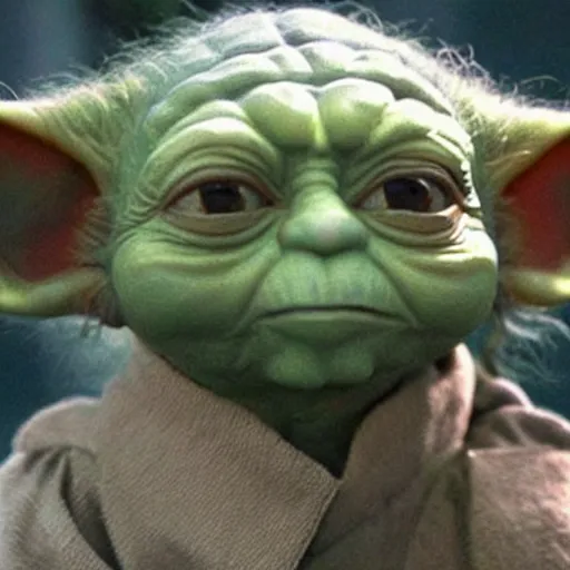 Image similar to extremely zoomed-in photo of Yoda looking very surprised with his mouth open