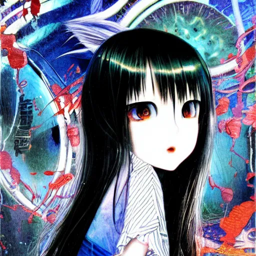 Prompt: yoshitaka amano realistic illustration of a sinister anime girl with big eyes and long wavy blue hair wearing dress suit with tie and surrounded by abstract junji ito style patterns in the background, blurred and dreamy illustration, noisy film grain effect, highly detailed, oil painting with expressive brush strokes, weird portrait angle