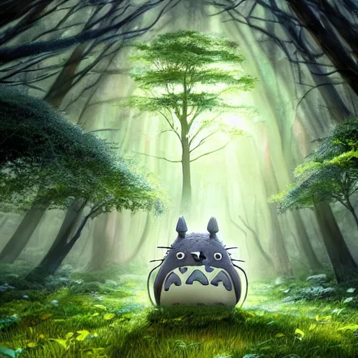 Image similar to A forest with a ray of light shining down onto the forest floor, soot sprouts floating, totoro hiding behind tree, magical, enchanting, graveyard, studio ghibli, beautiful, fantasy, digital art, high detail, excellent quality, 4K, OLED