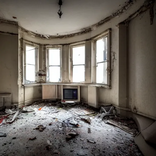 Image similar to Award winning photo of a living room of a flat abandoned 3 months ago, 4k, urban exploring, high quality