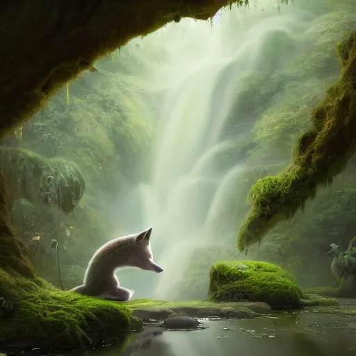 Prompt: tom bagshaw, soft painting render curiosities pond vegetation rocks covered moss scintillating, beautiful waterfall fox, accurate features, focus, very intricate ultrafine details, random volumetric lighting, dense fog, award winning masterpiece, octane render 8 k hd, artstation