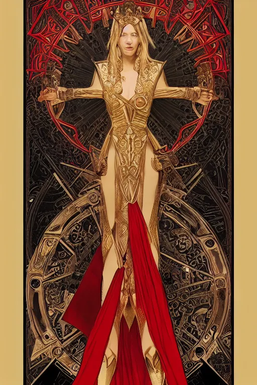 Image similar to tarot card, the emperor, armored woman, looks like cate blanchett, beautiful, fantasy, super detailed, ornate, by alphonse mucha, artstation, greg rutkowski, symmetry, red, gold, white, black, 8 k, sharp focus