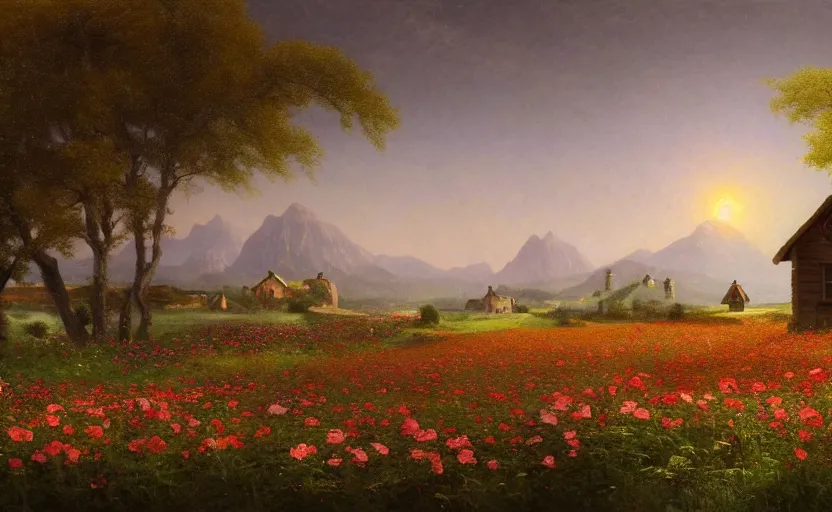 Prompt: beautiful flower field with a cottage in the distance, close up shot, rocky, at dusk, distant mountains, 4k, rule of thirds, extreme detail, hazy, intricate ink illustration, surreal, surrealist, trending on artstation, cgsociety, hd, calm, complimentary colours, realistic lighting, by Albert Bierstadt, Frederic Edwin Church.