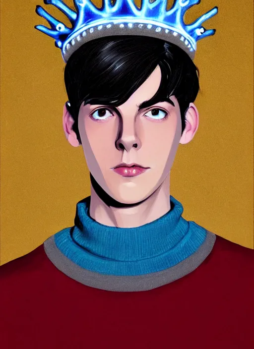 Image similar to portrait of teenage jughead jones wearing a light grey crown, crown, blue turtleneck, 1 9 5 0 s, closed eyes, photorealistic, black hair, glowing lighting, intricate, elegant, glowing lights, highly detailed, digital painting, artstation, concept art, smooth, sharp focus, illustration, art by wlop, mars ravelo and greg rutkowski