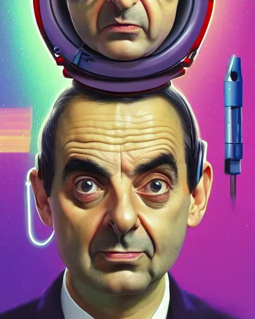 Image similar to mr bean as future coder man looking on, sleek cyclops display over eyes and sleek bright headphoneset, neon accent lights, holographic colors, desaturated headshot portrait digital painting by dean cornwall, rhads, john berkey, tom whalen, alex grey, alphonse mucha, donoto giancola, astronaut cyberpunk electric