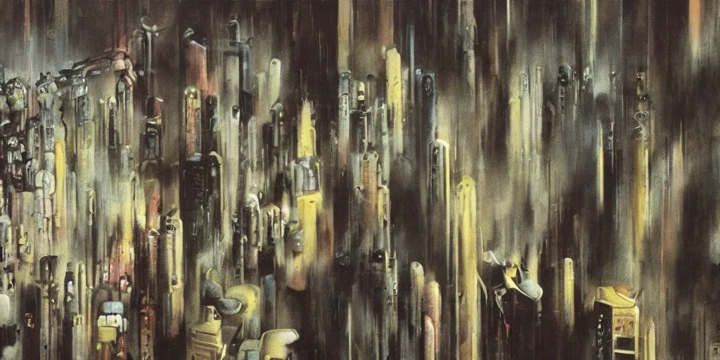 Prompt: A still from Blade Runner (1982) painted in the style of Yves Tanguy