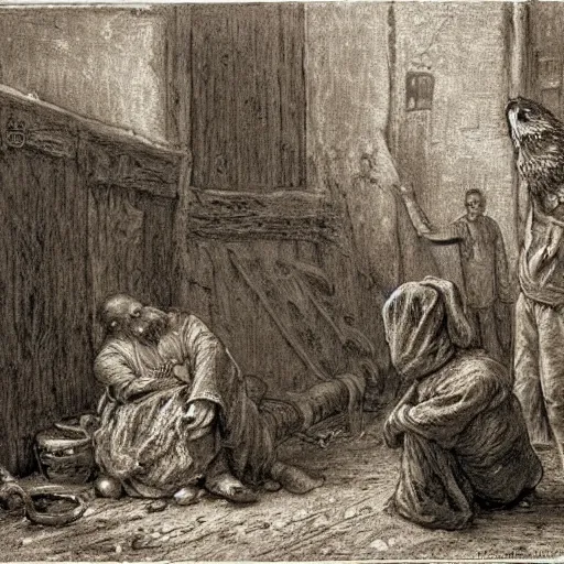 Prompt: jean francois millet as slum neighborhood on lord of the ring, random content position, realistic human face details with, emotion, environment contents detail, incrinate, delete duplicated content, rgb color