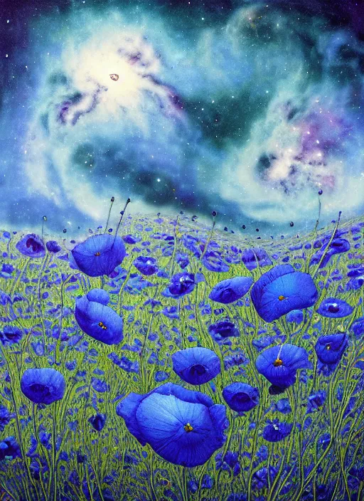 Image similar to detailed, intricate blue black and purple papaverum flower on the field, nebula, galaxy in the sky, winning award masterpiece, fantastically beautiful, illustration, aestheticly inspired, jacek yerka, upscale with anguissola sofonisba work, artstation, 8 k