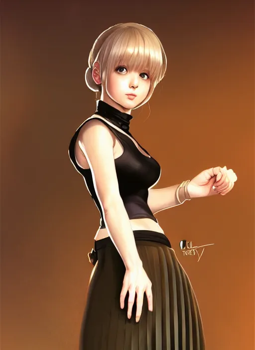 Image similar to portrait of a full body of beautiful young female detective, d & d, sleeveless turtleneck, pleated skirt, fantasy, flat lighting, intricate, highly detailed, digital painting, artstation, concept art, smooth, sharp focus, illustration, misa amane, art by simon bisley and greg rutkowski and alphonse mucha, natural tpose