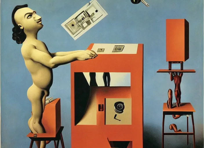 Image similar to strange machine making copies of weird small beings by salvadore dali and rene magritte
