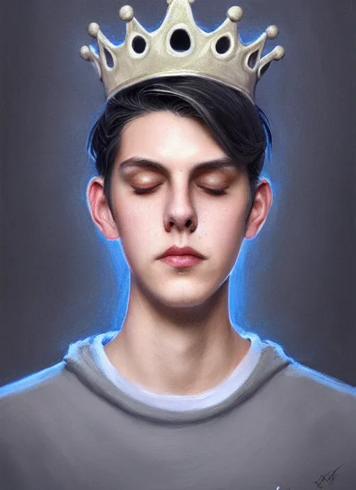 Image similar to portrait of teenage jughead jones wearing a light grey crown, photorealistic, crown, eyes closed, crown, black hair, intricate, elegant, glowing lights, highly detailed, digital painting, artstation, concept art, smooth, sharp focus, illustration, art by wlop, mars ravelo and greg rutkowski