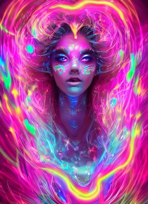 Prompt: psychedelic [ chemiluminescence ] [ [ [ smiling ] ] ] dancing elegant woman chakra spirit, winking at the camera, with pink hair smoke and fluid dynamics, colorful, psychedelic, ornate, intricate, digital painting, concept art, smooth, sharp focus, illustration, blacklight reacting, art by artgerm and greg rutkowski