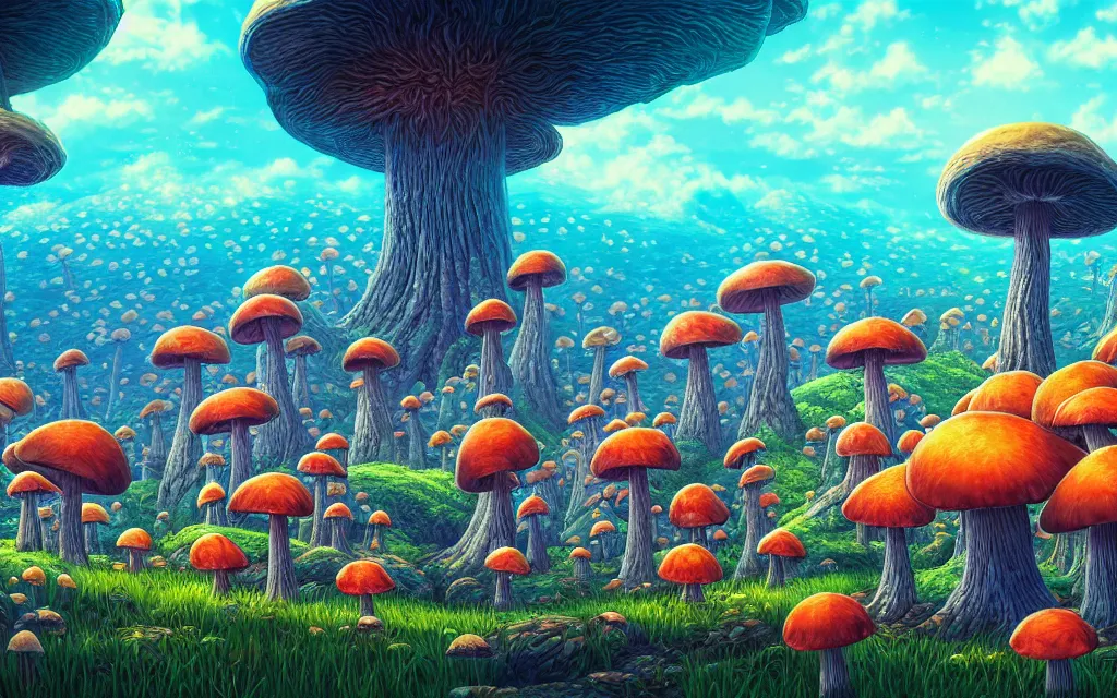Prompt: the mushroom world is my home. virtual mushroom landscapes is like a spiritual journey through a mushroom forest. by dan mumford, yusuke murata, makoto shinkai, ross tran, cosmic, heavenly, god rays, intricate detail, cinematic, cel shaded, unreal engine, featured on artstation, pixiv