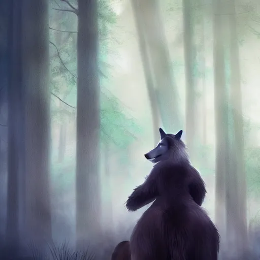 Image similar to medium shot young girl, blond hair green eyes, riding a gray wolf, in a dark forest, mysterious, backlit, beautiful still from a pixar dreamworks movie, trending on artstation