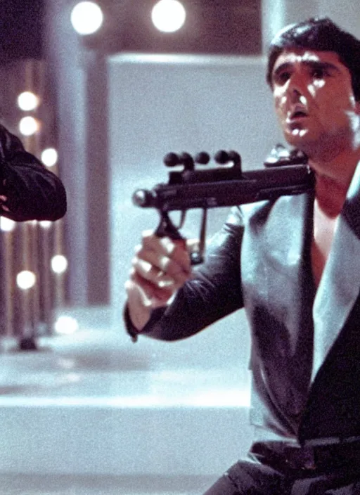 Prompt: film still of kim kardashian as Tony Montana firing a rifle in Scarface, cinematic lighting, finale scene