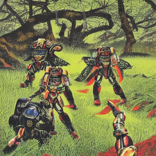 Image similar to japanese, imperium space marine, lush pastoral woodland scene, pulp science fiction illustration