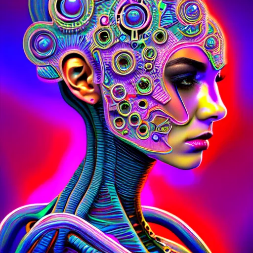 Prompt: extremely psychedelic cyborg queen of lsd. intricate, elegant, highly detailed, photorealistic, digital painting, artstation.