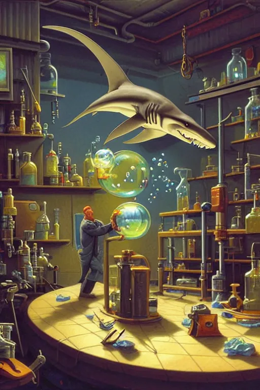 Prompt: classic oil painting, a big hammerhead shark is floating in the air, as a dnd character, inside a cluttered lab, cottagecore, floating bubbles, highly detailed, digital illustration, concept art, smooth, sharp focus, art by tim hildebrandt, and greg hildebrandt