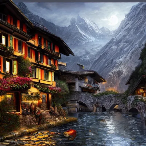 Image similar to Switzerland, high resolution fantasy concept art, realistic, intricate details, soft lighting