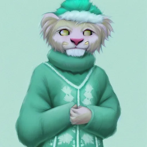 Image similar to aesthetic portrait commission of a albino male furry anthro lion wearing a cute mint colored cozy soft pastel winter outfit, winter atmosphere. character design by chunie, kristakeshi, sigmax