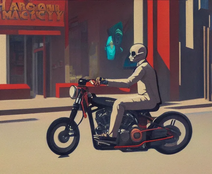 Image similar to a very detailed painting of a man wearing a suit, his head is a skull, riding a motorbike down a street, harley davidson motorbike, worm's - eye view, very fine brush strokes, very aesthetic, very futuristic, in the style of edward hopper and grant wood and syd mead, 4 k,