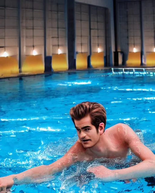 Prompt: a cursed image of andrew garfield seen from a distance in a dark, empty swimming pool with water slides, really scary, looking this way.