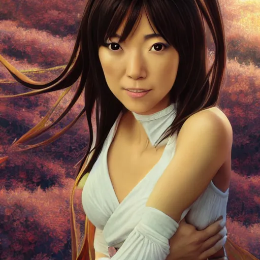 Image similar to Aimee Garcia as Orihime Inoue, professional modeling, looking down on the camera, detailed, centered, digital painting, artstation, concept art, donato giancola, Joseph Christian Leyendecker, WLOP, Boris Vallejo, Breathtaking, 8k resolution, extremely detailed, beautiful, establishing shot, artistic, hyperrealistic, beautiful face, octane render, cinematic lighting, dramatic lighting, masterpiece