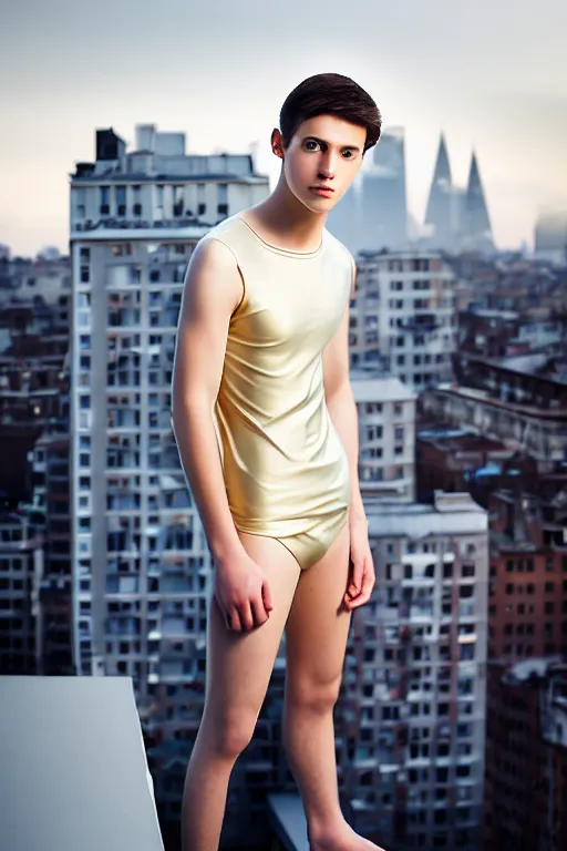 Image similar to un ultra high definition studio quality photographic art portrait of a young man standing on the rooftop of a british apartment building wearing soft padded silver pearlescent clothing. three point light. extremely detailed. golden ratio, ray tracing, volumetric light, shallow depth of field. set dressed.