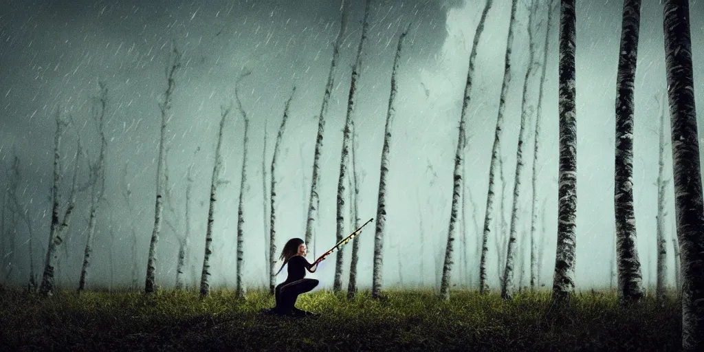 Image similar to young girl playing flute in the middle of a birch forest during a storm at night, lightning dragons race down toward her, low angle facing sky, cinematic, dramatic lighting, high contrast