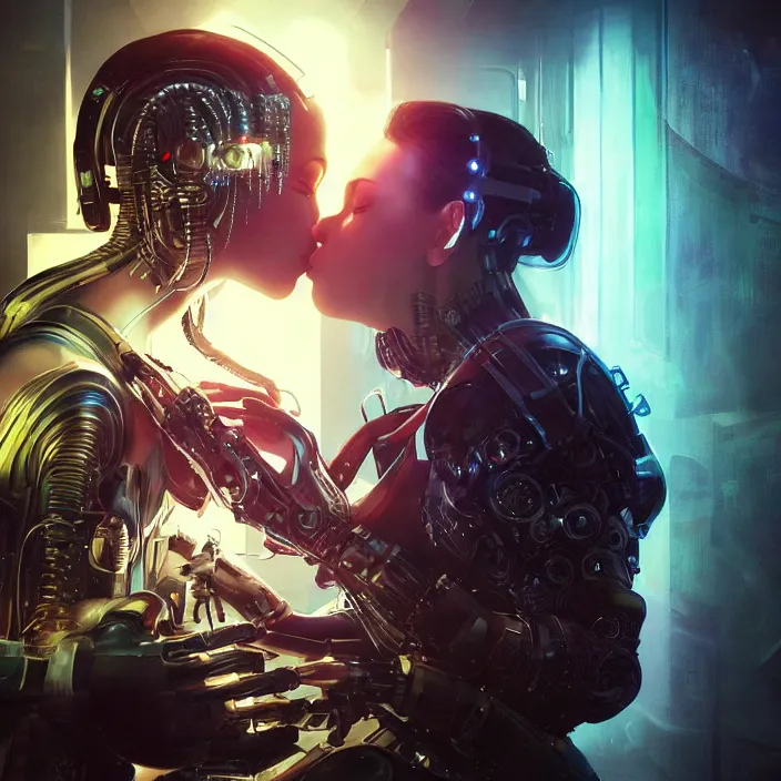 Image similar to ultra realistic medium shot of a couple of cyborgs kissing, lovers, cyberpunk, sci - fi, fantasy, kodak, colour led, soft light, volumetric lighting, night, intricate, highly detailed, digital painting, concept art, smooth, sharp focus, illustration, art by artgerm and greg rutkowski and alphonse mucha