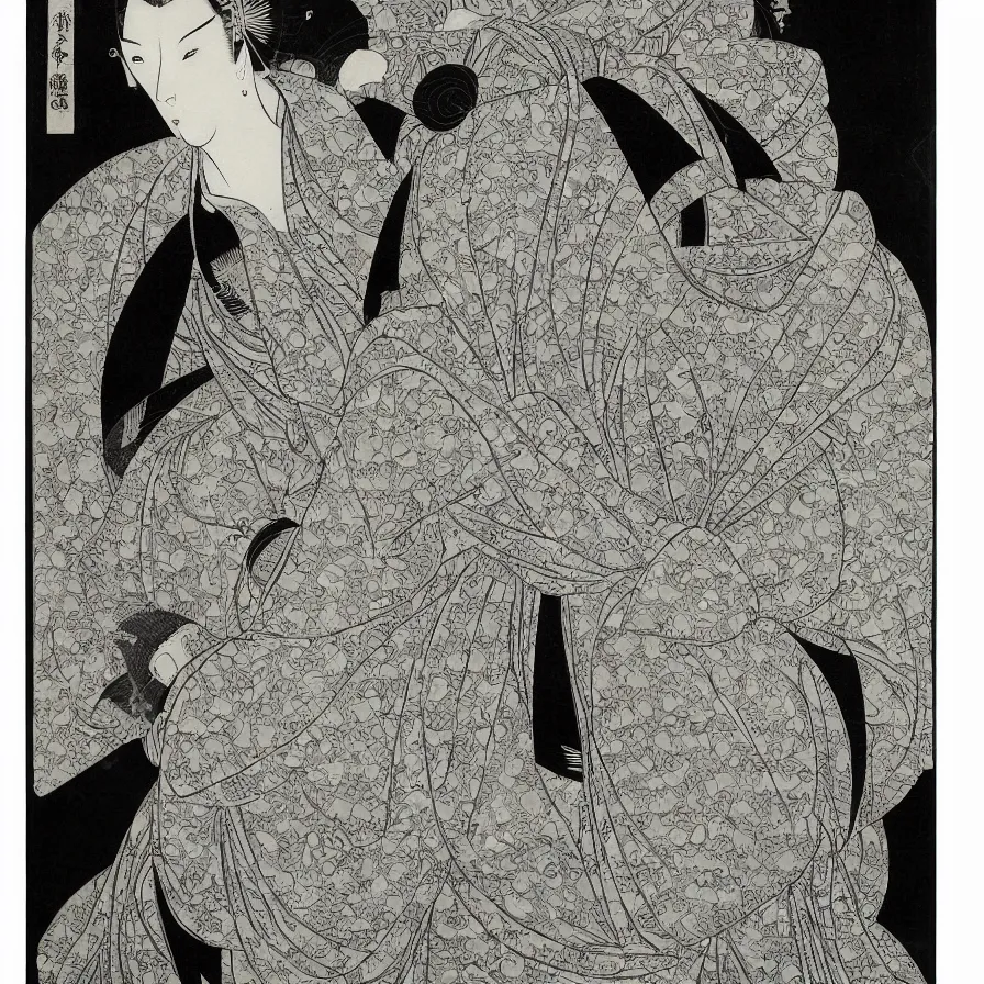 Prompt: Beautiful hyperbolic print of a Beautiful Elegant Woman made of geometric glass, in the metallic Garden, in the blackness of outer space in the style of Sharaku and Kuniyoshi and Utamaro, high contrast!! finely carved woodcut engraving black and white crisp edges