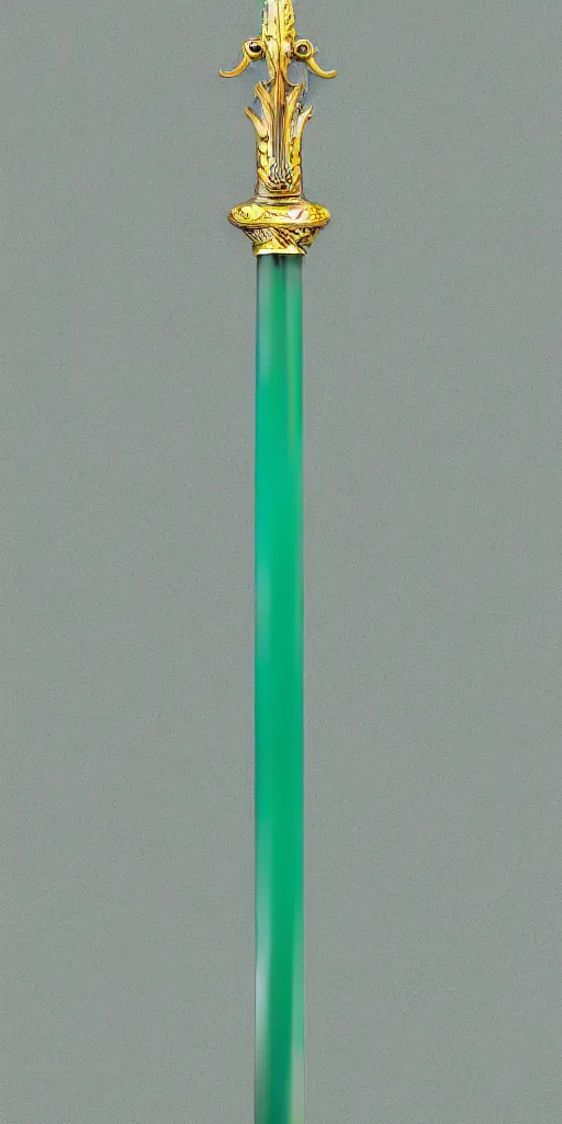Image similar to photograph of a wide green and teal crystal sword blade attached to a big gold sword hilt