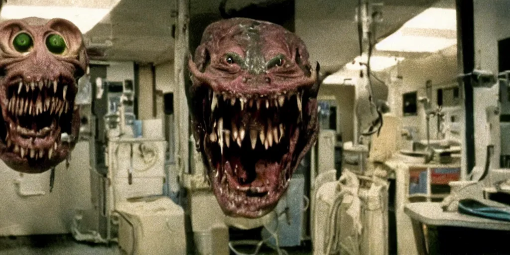 Prompt: a scary filmic wide shot color ground level angle movie still 35mm film photograph of the full body of a screaming and angry dangerous shape shifting alien creature, with multiple mutated snarling drooling human faces with a grotesque variety of human and animal limbs protruding from its lower torso inside of a 1970s science lab, neon lights, dirty, ektachrome photograph, volumetric lighting, f8 aperture, cinematic Eastman 5384 film