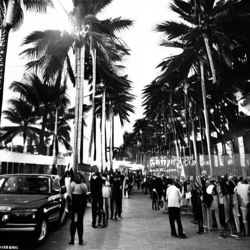 Prompt: a medium shot of a line of people outside of a trendy nightclub at midnight, bouncers at the door of the club, palm trees on the street as well as expensive luxury cars, directed by christopher nolan