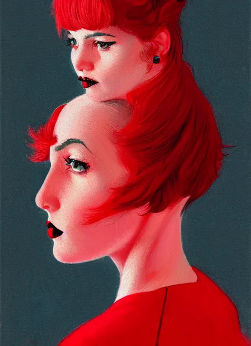 Prompt: portrait of a woman with a crooked nose and a confident expression, 1 9 6 0 s, red clothes, goth, punk, brightly coloured hair, funk, intricate, elegant, highly detailed, digital painting, artstation, concept art, smooth, sharp focus, illustration, art by wlop, mars ravelo and greg rutkowski