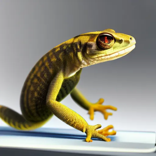 Image similar to portrait of a gecko working at a laptop, photorealistic, artstation, digital art 4k