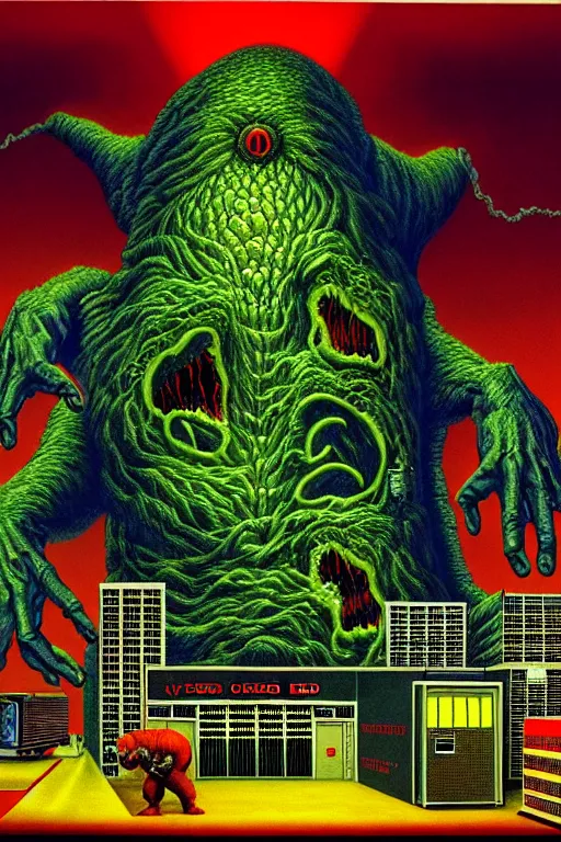 Image similar to a hyperrealistic detailed painting of a code red emergency at the nuclear power plant, radioactive radiation monster eating the laboratory by chris cunningham and richard corben, highly detailed, vivid color,