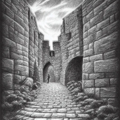 Prompt: pencil art, highly detailed, picture of hero walking on a path of a castle on a mountain