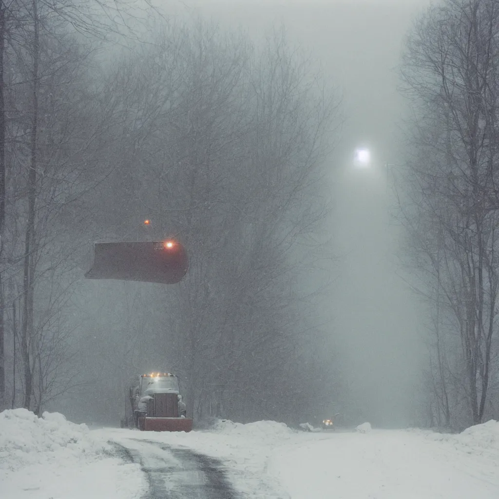 Image similar to photo, big snow plow truck is in the distance with a bright headlighta. cold color temperature, snow storm. hazy atmosphere. humidity haze. kodak ektachrome, greenish expired film, award winning, low contrast,