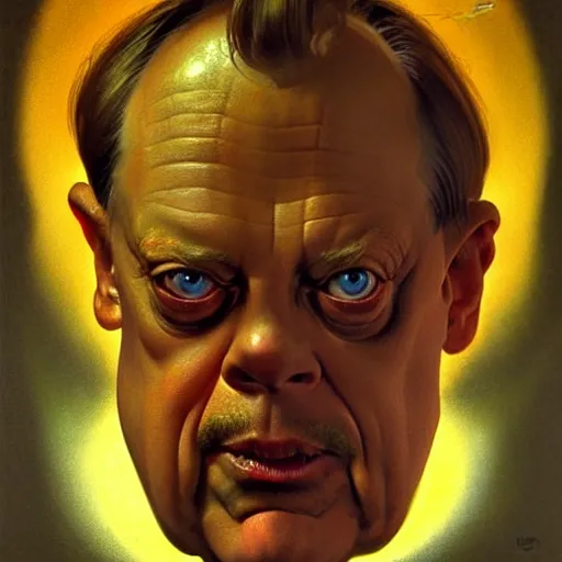 Prompt: dramatic upper body portrait of steve buscemi as baron harkonnen by norman rockwell and boris vallejo, artstation, concept creature character art, Dune 2021