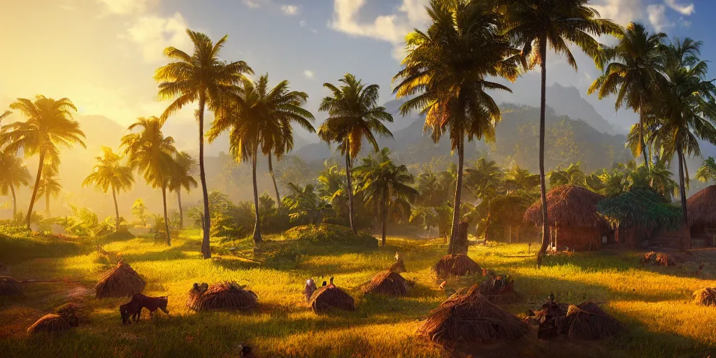 Image similar to Lively sunny landscape of a kerala village realistic detailed digital art by Maxwell Boas Jessica Rossier Christian Dimitrov Anton Fadeev trending on Artstation CGSociety rendered in Unreal Engine 4k HQ