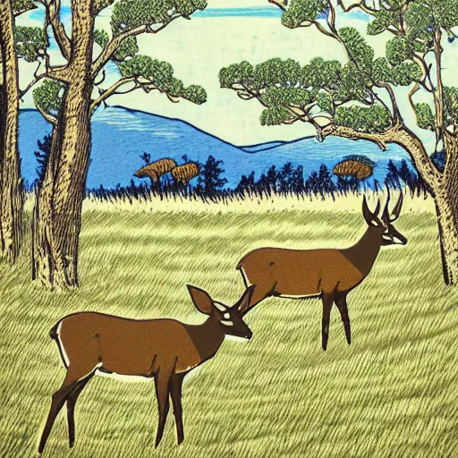 Prompt: mule deer, lush pastoral woodland scene, colored woodblock print