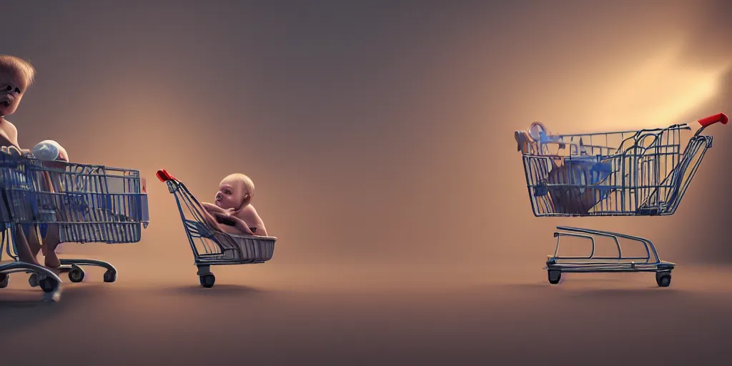 Image similar to baby in diapers with a shopping cart, dim volumetric lighting, 8 k octane beautifully detailed render, post - processing, extremely hyper - detailed, intricate, epic composition, cinematic lighting, masterpiece, trending on artstation, detailed detailed detailed, masterpiece, stunning art, wonderful masterpiece, beautiful cinematic light