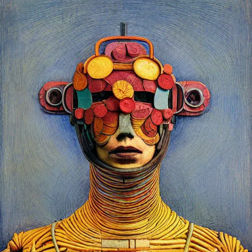 Prompt: portrait of a robot wearing a facemask made of flowers, by annie swynnerton and jean delville and rufino tamayo and edward hopper and evelyn de morgan, art deco flower shaman, art brut, outsider art, symbolist, dramatic lighting, god rays, elaborate geometric ornament, clean crisp graphics, smooth sharp focus, extremely detailed, adolf wolfli