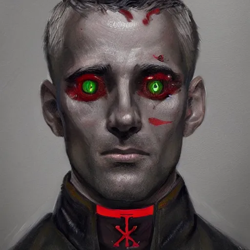 Image similar to portrait painting of a handsome Catholic priest with red eyes, dark, intricate details, highly detailed, concept art, trending on artstation, award-winning. Art by Loran DeSore and Merwild