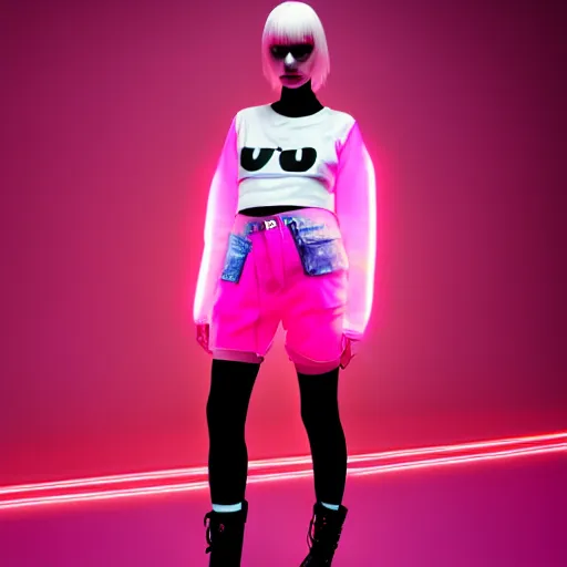 Prompt: girl dressed in Die Antwoord style wear, bubble gum, neon light, balenciaga fashion, glowing purple, vibrant red, fashion studio lighting, cinematic, high realistic,vogue magazine style, trending on artstation