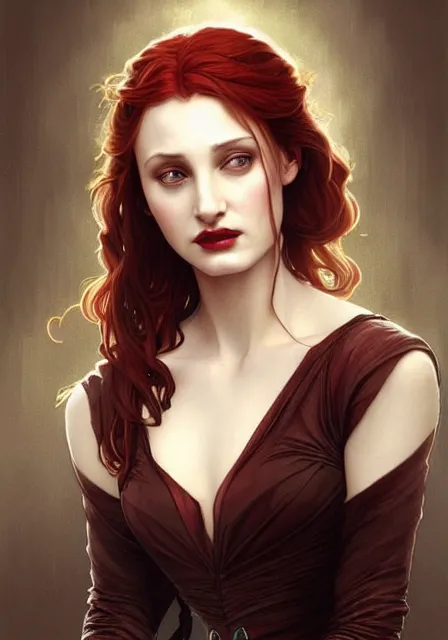 Image similar to sansa angeline jolie gessica chastain vampire, intricate, elegant, highly detailed, digital painting, artstation, concept art, smooth, sharp focus, illustration, art by artgerm and greg rutkowski and alphonse mucha and william - adolphe bouguereau