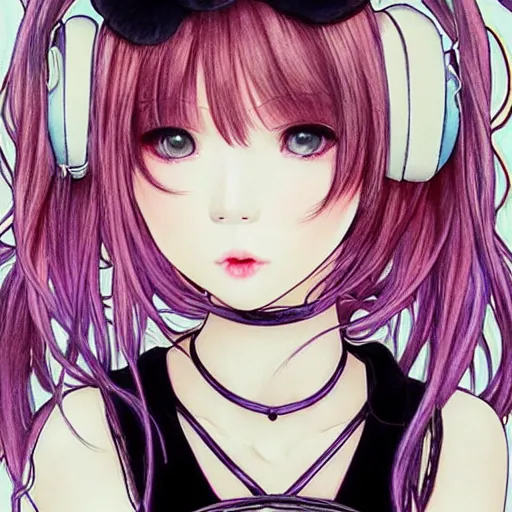 Image similar to realistic beautiful gorgeous natural cute Blackpink Lalisa Manoban black hair fur black cat ears, wearing white camisole summer outfit, headphones, black leather choker, tonemapping artwork drawn full HD 4K highest quality in artstyle by professional artists WLOP, Ayami Kojima, Aztodio, Alphonse Mucha, Taejune Kim, Guweiz on Pixiv Instagram Artstation