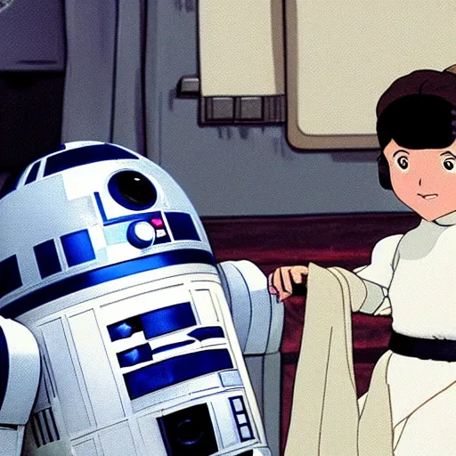 Prompt: princess leia and r 2 d 2, anime, studio ghibli